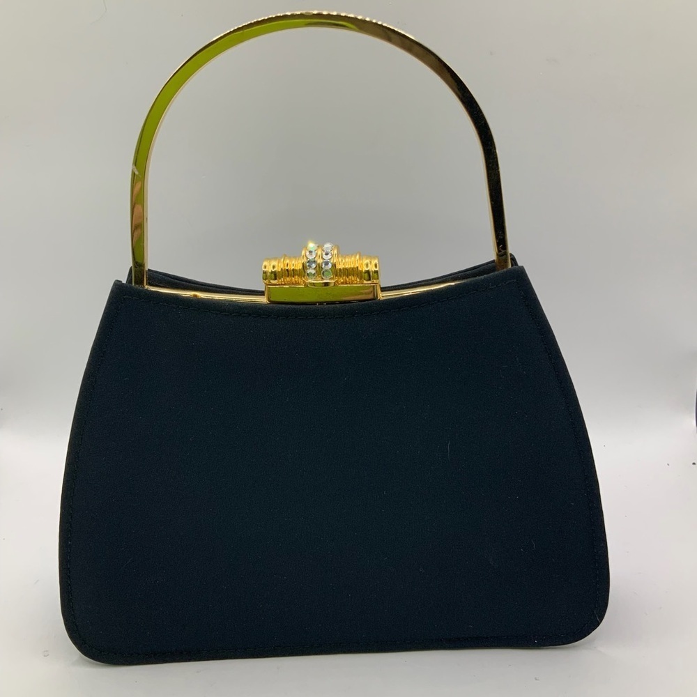 Y&S Vintage Elegant Black Satin Gold Accents Crystal Embellished Clasp Handbag